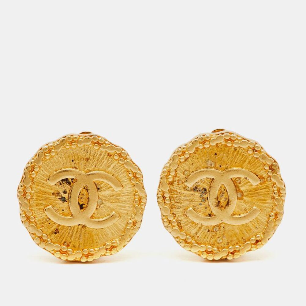 Chanel Cc Textured Gold Tone Round Clip-On Earrings